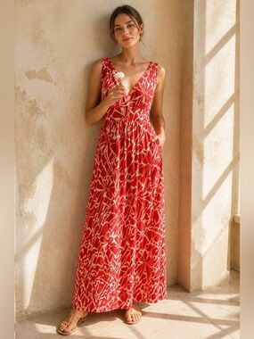 Loveappella Orange-Red & White Printed V-Neck Maxi Dress